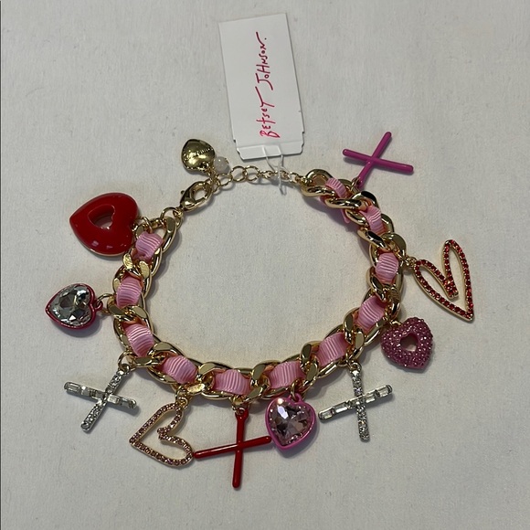 Betsey Johnson Valentines Day Pink Heart Charm Bracelet with